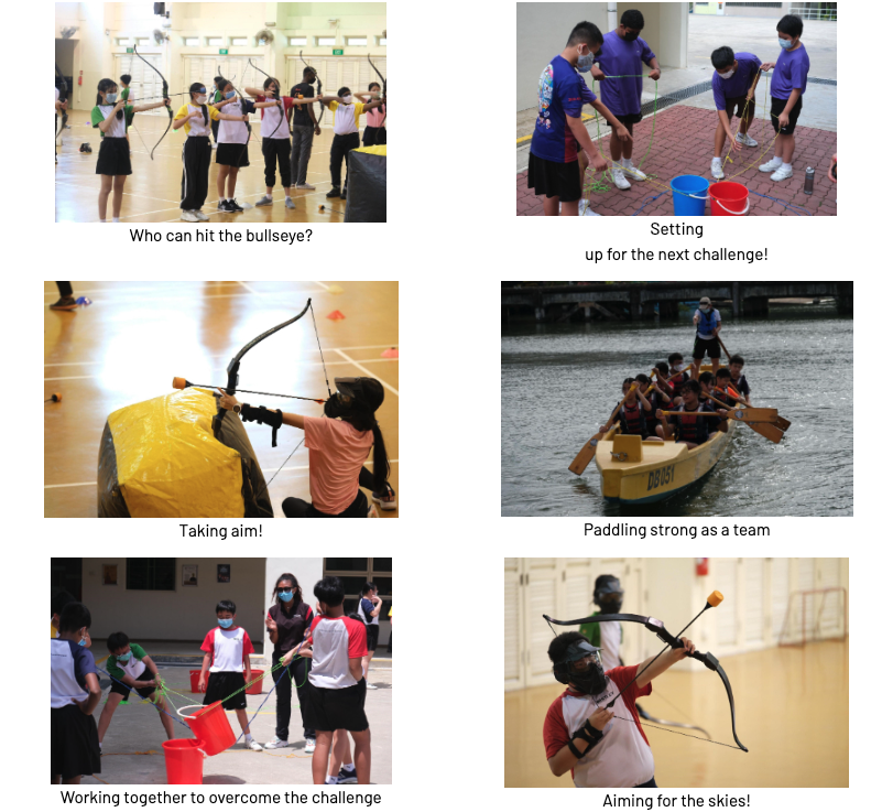 Six photos show students doing archery, dragon boat paddling, and team rope-and-bucket challenges during a school camp activity.